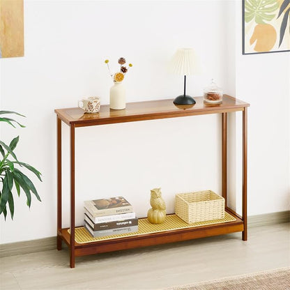 Bamboo Narrow Console Table, 39.4"(L) Wood Small Entryway Table with Rattan and Glass, Accent Slim Hallway Tables, Thin Sofa Side Tables for Hallway, Living Room, Bedroom, Foyer, Walnut