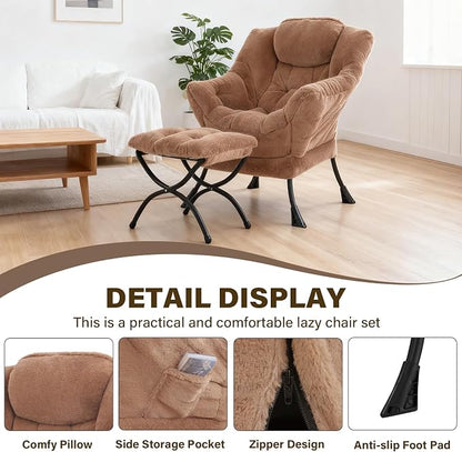 Lazy Chair with Ottoman, Modern Accent Chair Lounge Leisure Sofa Chair with Armrests, Reading Chair and Folding Footstool for Living Room, Bedroom, Office, Plush Brown