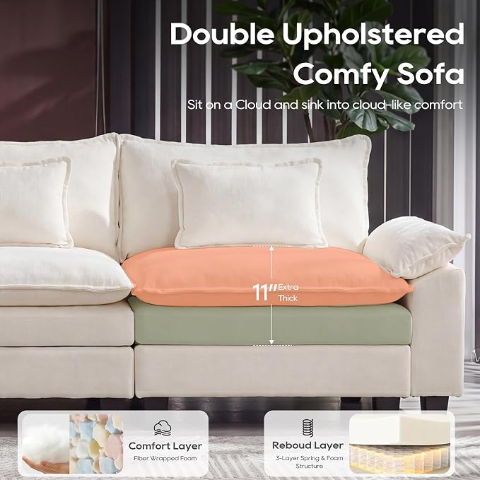URRED Oversized Modular Sectional Sofa, 157" U Shaped Modern Comfy Cloud Couch with Movable Ottoman & Pillows, Deep Seat Couches for Living Room, Bedroom or Apartment (Chenille Beige, 157" U Shaped)