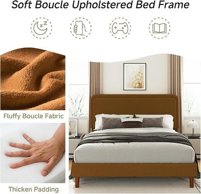 King Size Boucle Platform Bed Frame with Adjustable Headboard, Upholstered Cloud Bed, Solid Wooden Legs, No Box Spring Needed, Easy Assembly, Brown