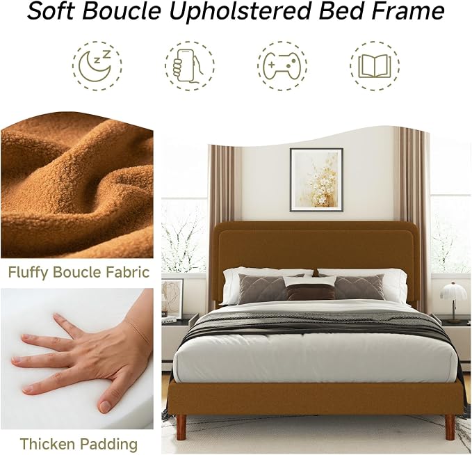 Queen Size Boucle Platform Bed Frame with Adjustable Headboard, Upholstered Cloud Bed, Solid Wooden Legs, Easy Assembly, No Box Spring Needed, Brown