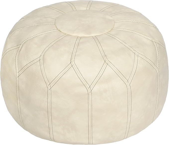 Thgonwid Unstuffed Moroccan Faux Leather Pouf Ottoman Cover with Storage - Boho Chic Multi-Use Footrest for Living Room, Bedroom, Patio - Round Ethnic Floor Cushion & Decorative Accent, Ivory