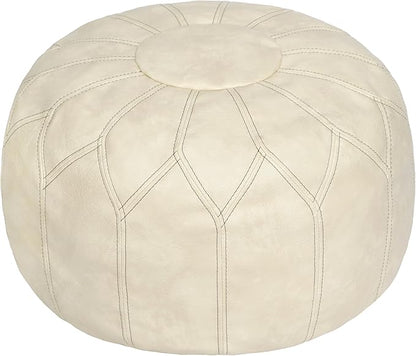 Thgonwid Unstuffed Moroccan Faux Leather Pouf Ottoman Cover with Storage - Boho Chic Multi-Use Footrest for Living Room, Bedroom, Patio - Round Ethnic Floor Cushion & Decorative Accent, Ivory