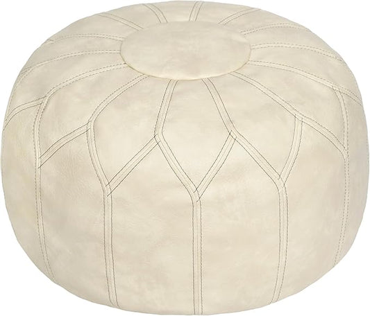 Thgonwid Unstuffed Moroccan Faux Leather Pouf Ottoman Cover with Storage - Boho Chic Multi-Use Footrest for Living Room, Bedroom, Patio - Round Ethnic Floor Cushion & Decorative Accent, Ivory