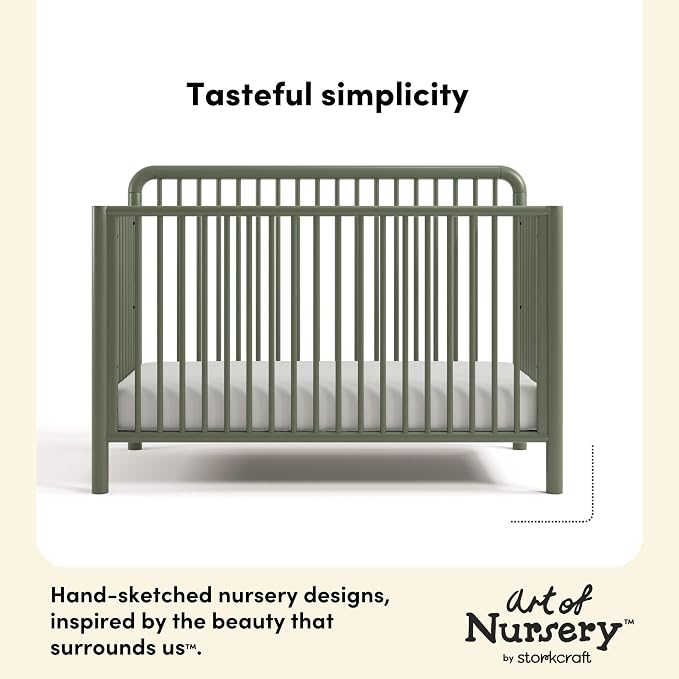 Storkcraft Porto 5-in-1 Convertible Crib with Toddler Guardrail – GREENGUARD Gold Certified, Toddler Bed Conversion Kit Included, 100% Solid Wood, Fits Standard Baby Crib Mattress (Olive)