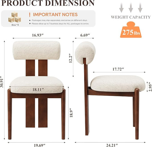 MALOL Modern Wooden Dining Chairs Set of 6, Upholstered Fabric Kitchen Chairs with Sculptural Backrest, Mid-Century Farmhouse Dining Room Chairs with Solid Wood Legs, Beige