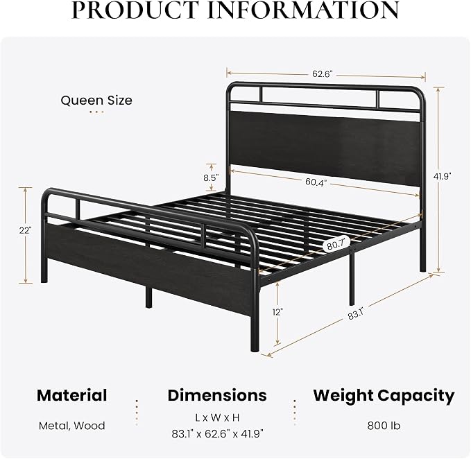 SHA CERLIN Queen Size Bed Frame with Vintage Industrial Wood Headboard, Heavy Duty Metal Platform, 12 Inch Under Bed Storage, Noise-Free, No Box Spring Needed, Easy Assembly, Black