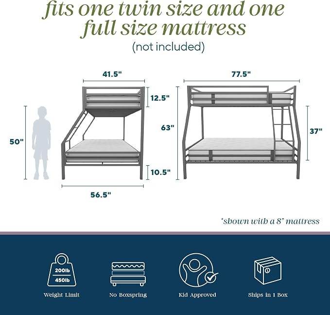 Novogratz Maxwell Metal Bunk Bed Frame for Kids and Teens, with Angled Ladder, High Guardrail and Metal Slats, No Boxspring Required, Underbed Storage Space, Twin-Over-Full, Gray