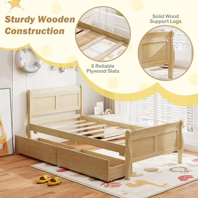 Giantex Twin Bed with 2 Storage Drawers, Wood Platform Bed with Headboard & Footboard, Wooden Slats Support Mattress Foundation, Twin Bed Frames for Kids Teens Adults, No Box Spring Needed (Natural)