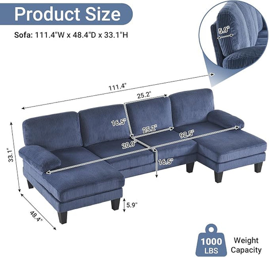 VINGLI 110" Sectional Couches for Living Room,U Shaped Couch with Double Chaise, 4-Seat Sofa Set with Corduroy Fabric for Home Furniture,Ocean Blue