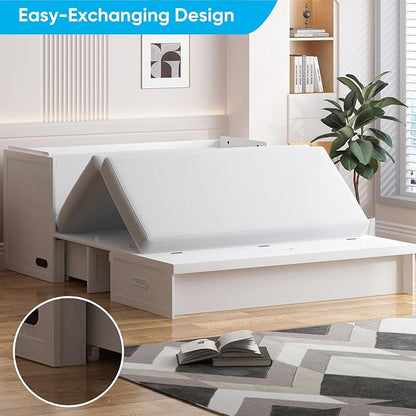 Mjkone Murphy Bed, Queen Hidden Cabinet Bed with Built-in USB Charging Station and 2 Storage Drawers, Murphy Wall Beds Cabinet Beds for Living Room, Guest Room, Apartment, White (No Mattress)