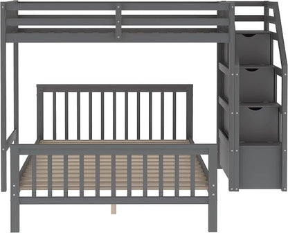 MERITLINE Twin Over Full L Shaped Bunk Beds with Stairs and Storage, Solid Wood Convertible Bunk Loft Beds with Storage Staircase and Guardrail, No Box Spring Needed (Twin Over Full,Grey)