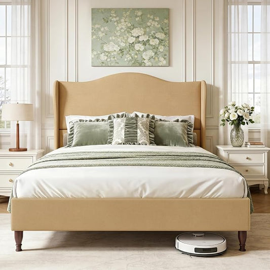 Welzona Full Size Bed Frame 51" Tall Wingback Headboard, Soft Fabric Upholstered Platform Bed with Solid Wood Legs and Wooden Slats Support, No Box Spring Needed, Easy Assembly,Fawn Brown