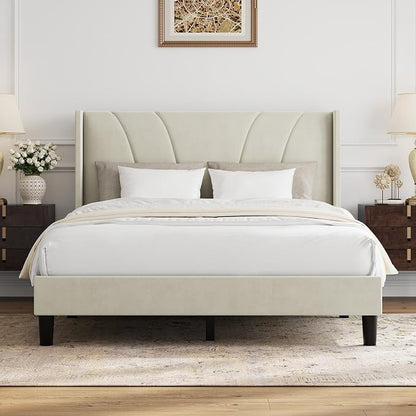 Novilla Full Size Bed Frame, Full Bed Frame with Headboard, Velvet Upholstered Wing Side Headboard, No Box Spring Needed, Heavy Duty Feet, Easy Assembly, White Velvet