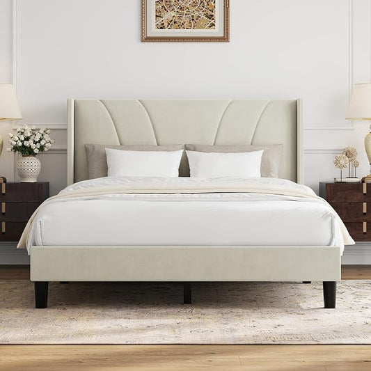 Novilla Full Size Bed Frame, Full Bed Frame with Headboard, Velvet Upholstered Wing Side Headboard, No Box Spring Needed, Heavy Duty Feet, Easy Assembly, White Velvet