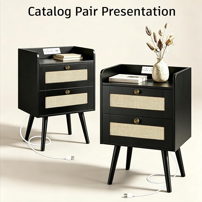 Nightstand with Charging Station, 2 Drawers, Boho Style Rattan Decor Bedside Table, Solid Wood Legs, Open Storage End Table for Bedroom, Small Spaces and Dorm, Black