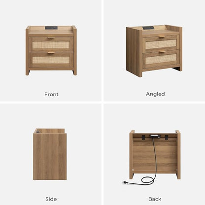 SICOTAS Rattan Nightstand End Table - Night Stand Bedside Table with Type-C Charging Station, 2 Drawers Storage - Boho Night Stands for Bedroom - Natural Oak