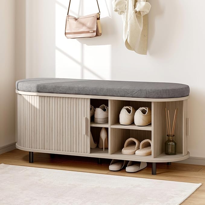 ONBRILL 43" Shoe Bench with Storage, Fluted Shoe Storage Bench with Cushion, Sliding Door and Adjustable Shelf, for Entryway, Hallway, Living Room, Natural White