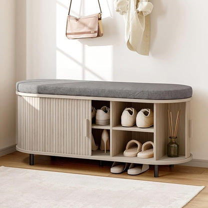 ONBRILL 43" Shoe Bench with Storage, Fluted Shoe Storage Bench with Cushion, Sliding Door and Adjustable Shelf, for Entryway, Hallway, Living Room, Natural White