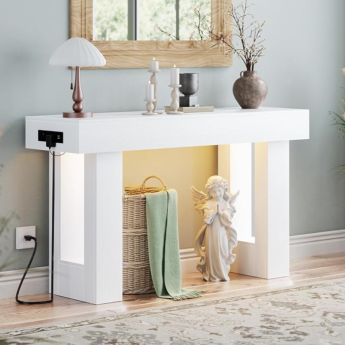 Unikito 47" Entryway Table with Socket and Sensor Light, Narrow Console Table with Storage Behind Couch, Farmhouse Entry Way Tables with Open Storage for Entrance/Hallway/Living Room, White