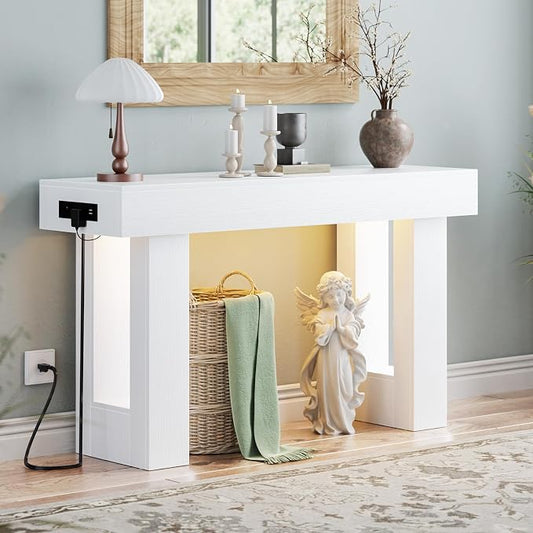 Unikito 47" Entryway Table with Socket and Sensor Light, Narrow Console Table with Storage Behind Couch, Farmhouse Entry Way Tables with Open Storage for Entrance/Hallway/Living Room, White