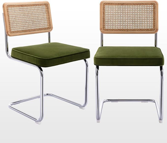 Zesthouse Natural Rattan Dining Chairs Set of 2, Olive Green Modern Kitchen Chairs with Solid Wood Back & Chrome Base, Mid Century Breuer Design Inspired, Upholstered Velvet Fabric