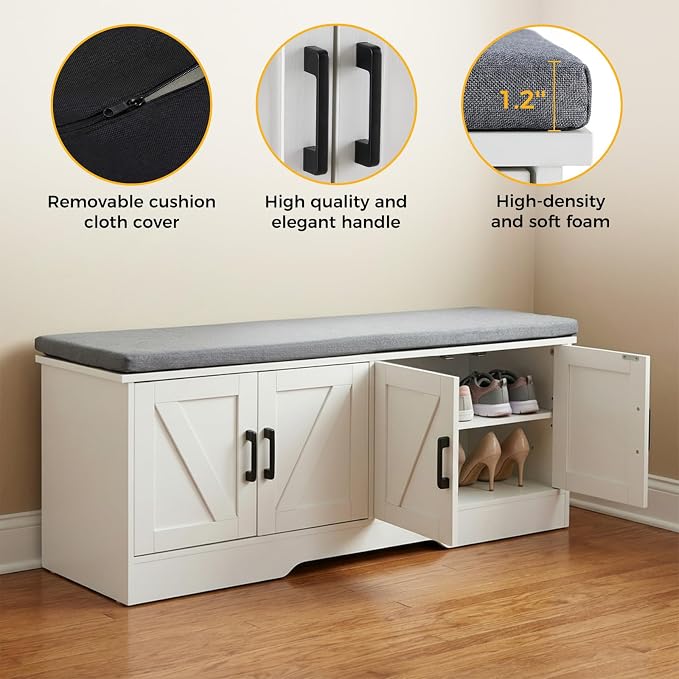 47" Shoe Bench, with Storage with Padded Seat Cushion, Modern 4-Door Shoe Cabinet with Adjustable Shelf for Entryway, Bedroom, Living Room, White