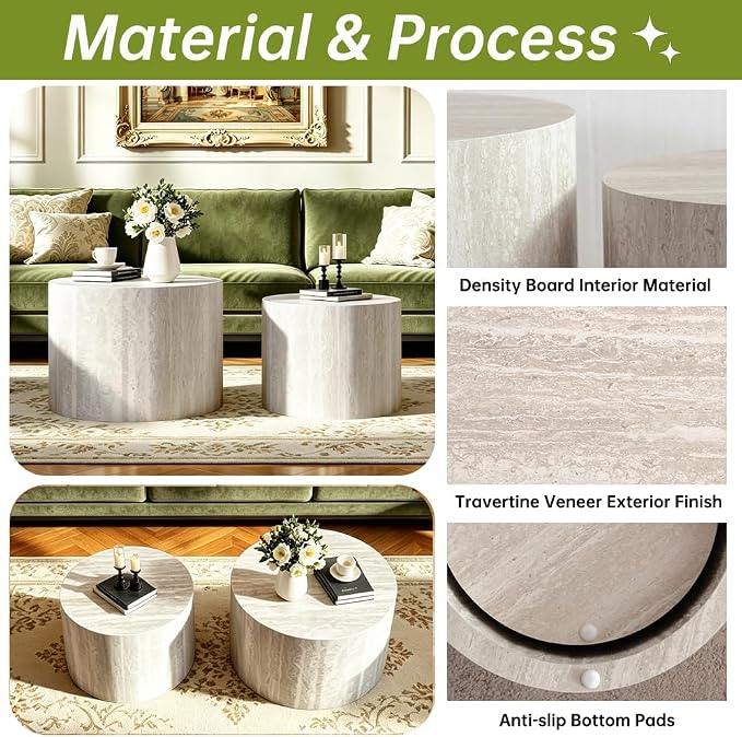 Round Nesting Coffee Tables Modern Travertine Coffee Table Small Round Coffee Tables Circular Side Table Accent End Table Nested Coffee Table Set for Living Room (Travertine)