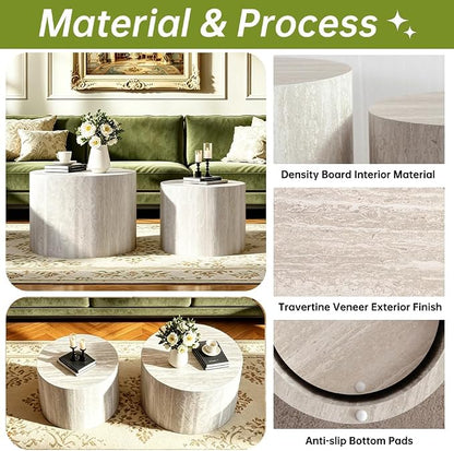 Round Nesting Coffee Tables Modern Travertine Coffee Table Small Round Coffee Tables Circular Side Table Accent End Table Nested Coffee Table Set for Living Room (Travertine)