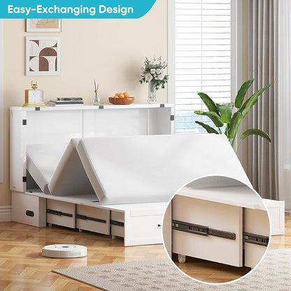 CECER Queen Murphy Bed with Mattress，Space Saving and Easy Assemble-White | Built-in Multi-Port Charging Station ＆ Large Storage Drawer，Sturdy frame ＆ Easy to Move Track