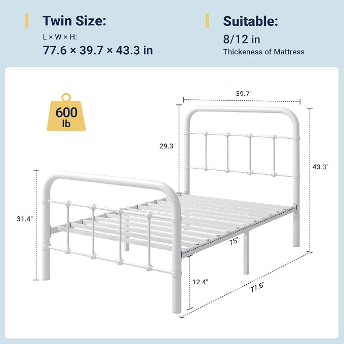 Allewie Twin Size Metal Platform Bed Frame with Victorian Style Wrought Iron-Art Headboard/Footboard, No Box Spring Required, White
