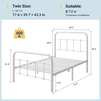 Allewie Twin Size Metal Platform Bed Frame with Victorian Style Wrought Iron-Art Headboard/Footboard, No Box Spring Required, White