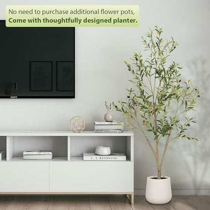 VIVATREES Olive Trees Artificial Indoor, 5FT Tall Faux Olive Tree with White Tall Planter, Artificial Plants with Natural Wood Trunk and Lifelike Fruits for Home Office Decor