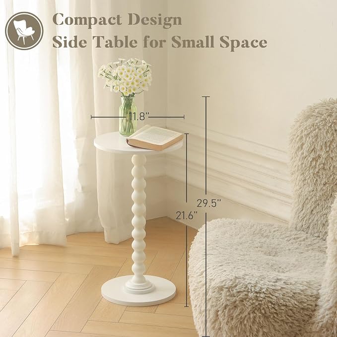 Fultyle Round Side Table, Small Drink Table for Small Spaces, Modern Accent End Table Nightstand with Solid Wood Leg for Living Room, Bedroom, Corners, and Office (White)