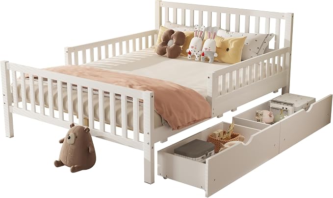 Bellemave Full Size Kids Platform Bed with Fences and 2 Drawers, Wooden Full Bed Frame with Guardrails on Both Sides for Boys Girls, White
