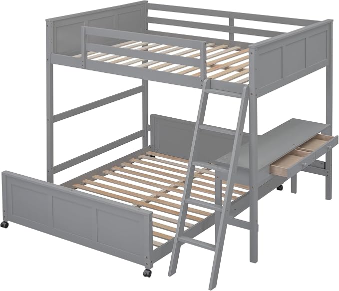 Ball & Cast Full Over Full Bunk Bed with Safty Guardrail & Stairway,Heavy Duty Wood Loft Bedframe W/Desk & Drawers,Easy Assembly,Versatile Functional Bedroom Furniture Set for Boy Girl Teens,Gray