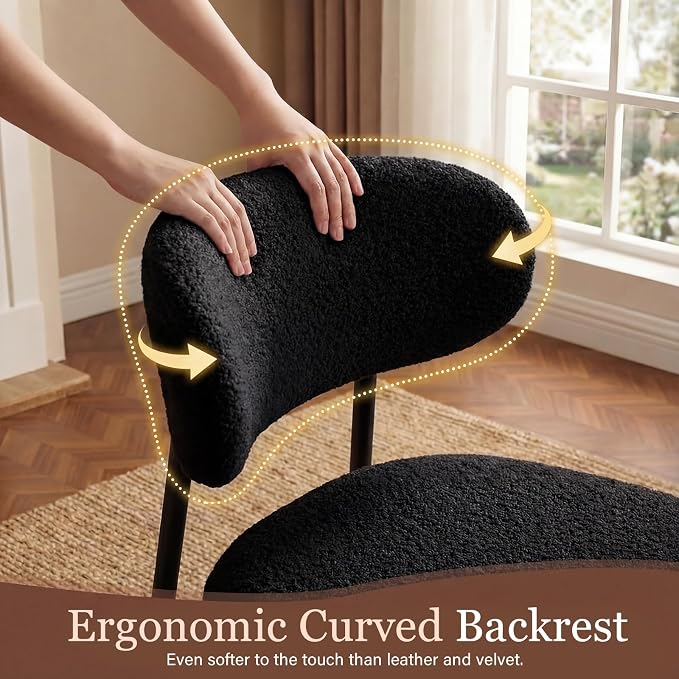 Black Boucle Dining Chairs Set of 4 | 4.3" Thick Cushion,Kitchen Dining Room, Curved Backrest, Comfortable Upholstered, Mid Century Modern