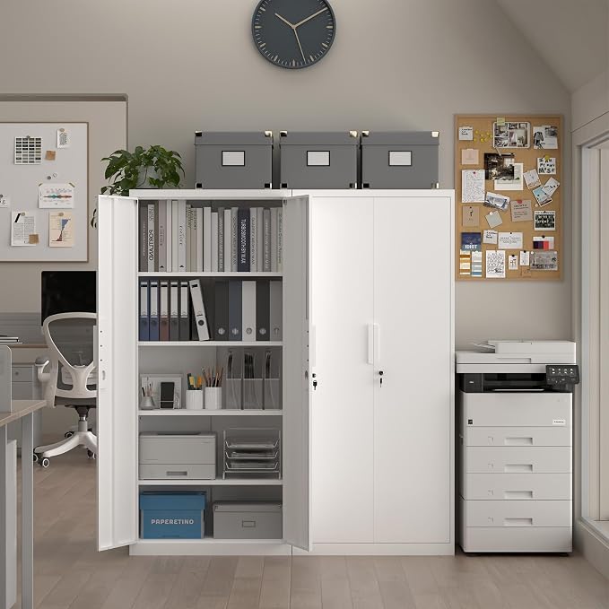 White Metal Storage Cabinet with Doors and Shelves, 71" Tall Metal Garage Cabinets with Lock, Lockable Office Storage Cabinets, Steel Tool Cabinets for Home Office,Garage,Shop
