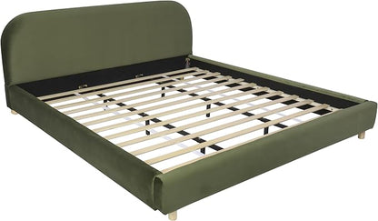 Merax Queen Size Velvet Fabric Upholstered Platform Bed with Curved Shaped Headboard, Wood Bed Frame with Solid Round Legs for Kids Teens Adults, Olive Green