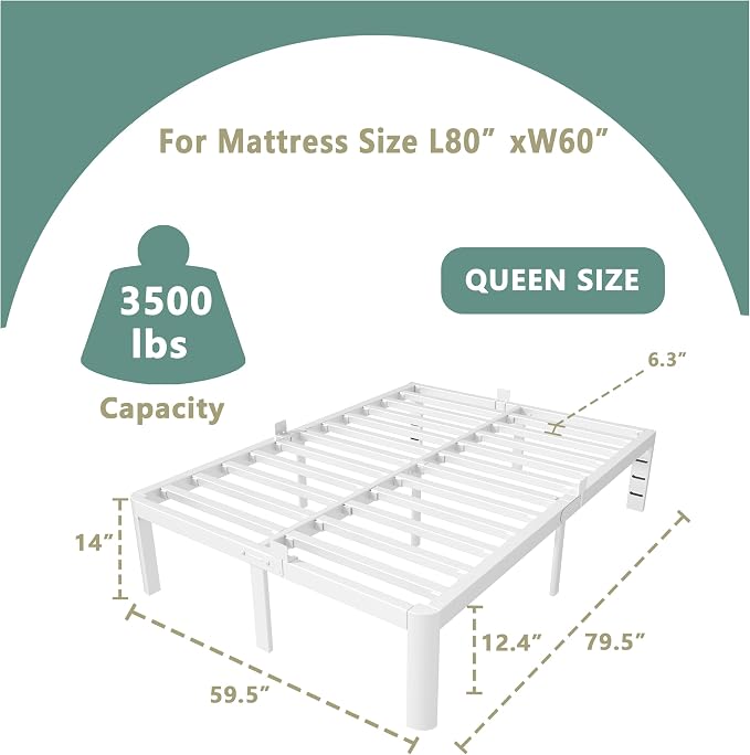 ITIMIDI 14 Inch White Queen Bed Frame with Round Corner Legs, Metal White Queen Platform Bed Frames, Storage Space, No Box Spring Needed, Heavy Duty Steel Support 3500 LBS, Noiseless, Easy Assembly