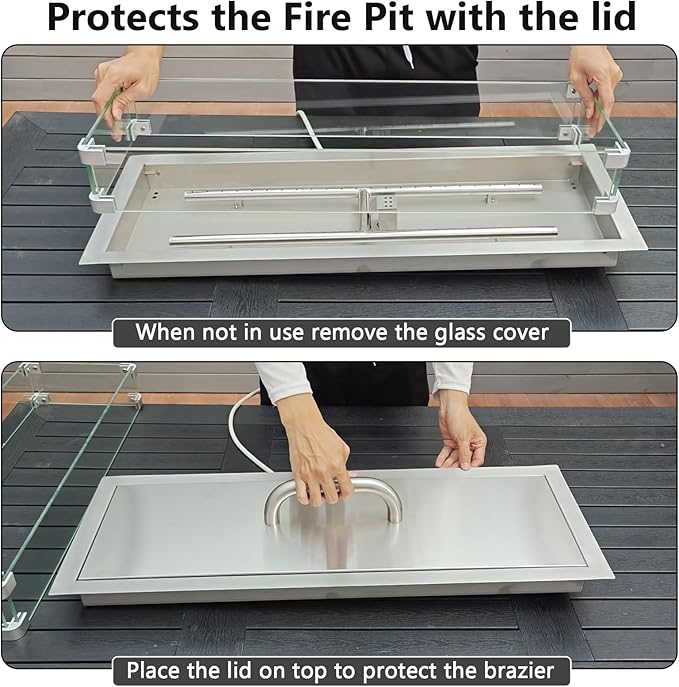 GRISUN Upgraded 30" x 10" Drop-in Fire Pit Kit with Glass Wind Guard & Lid, Linear Fire Pit Burner Pan, Stainless Steel Fire Pit Insert with Spark Ignition