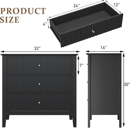 RoyalCraft 32" Large Nightstand Set of 2, Fluted Painted Bedside Table with 3 Spacious Drawers, Modern Tall End Table for Bedroom, Black