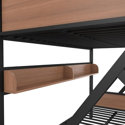 KEIKI Full Over Queen Bunk Bed, Heavy Duty Metal Bunkbed with Storage Shelves, Lights, Bottom Space & Guardrail for Aldults Dorm Bedroom Guest Room, No Box Spring Needed, Noise-Free Design
