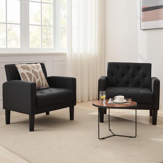 TYBOATLE Leather Chairs Set of 2 Comfy Living Room Chair Black Leather Tufted Mid Century Modern Accent Chair, Small Cozy Reading Arm Chair for Office, Bedroom