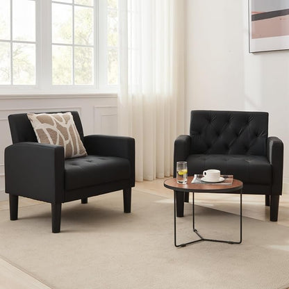 TYBOATLE Accent Chair Comfy Living Room Chair Black Leather Tufted Mid Century Modern Accent Chairs Small Cozy Reading Arm Chair for Office, Bedroom (1, Black)