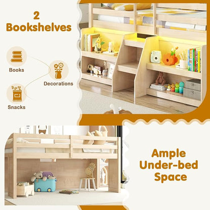 Giantex Low Loft Bed with LED Lights, Wooden Twin Loft Bed with Stairs & Safety Guardrail, Loft Bed Twin Size with Storage Bookcase and Under-Bed Play Space, Loft Bed for Kids (Natural)