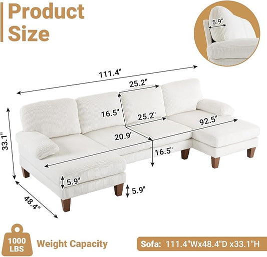 VINGLI 110' U Shaped Comfy Sectional Couch, Double Chaise Sofa in Corduroy Fabric for Apartment, 4-Seater Upholstered Couch with Memory Foam, Modern Couches for Living Room, Small Space, Beige
