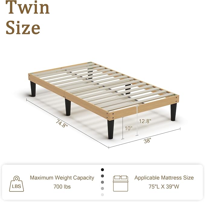 Yumori 12.9 Inch Minimalist Style Twin Size Bed Frame, Wood Platform Bed with Wood Slat Support, No Box Spring Needed, Easy Assembly, Natural