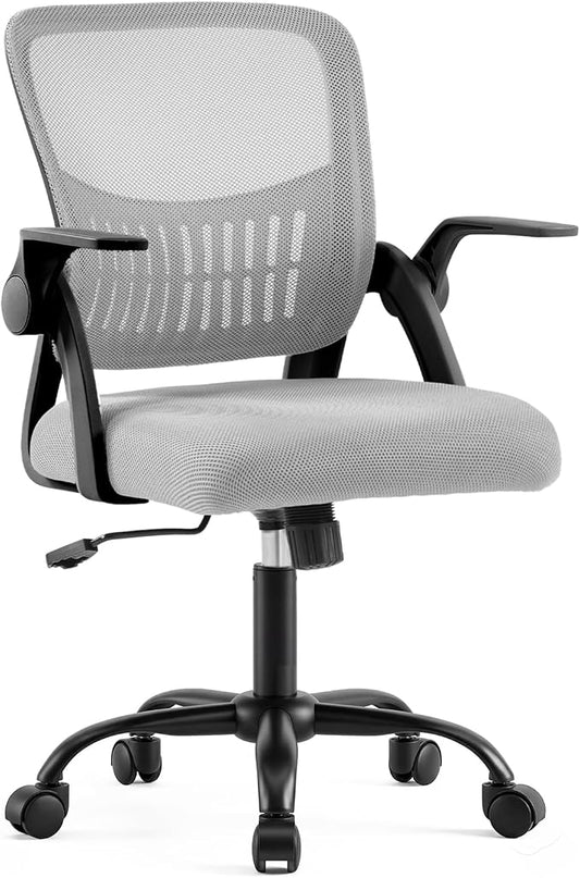 DUMOS Home Office Desk Chair - Ergonomic Computer Mesh Chair with Lumbar Support & Rocking Mode, Height Adjustable with Flip-up Armrest, for Conference, Meeting Room, 360° Swivel, Adults, Grey