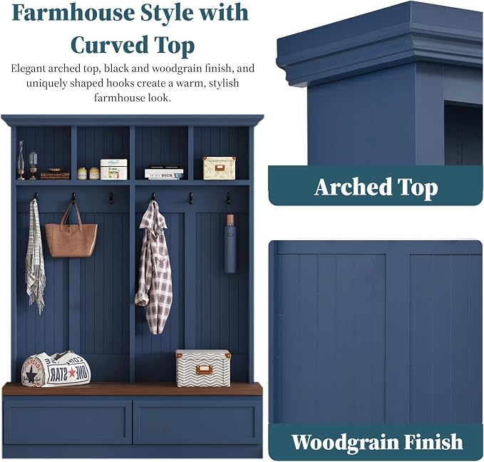 55.9" W Hall Tree with Bench and Shoe Storage,Shoe and Coat Rack with Drawer and Hooks,Farmhouse Furniture for Entryway,Mudroom,Living Room,Blue